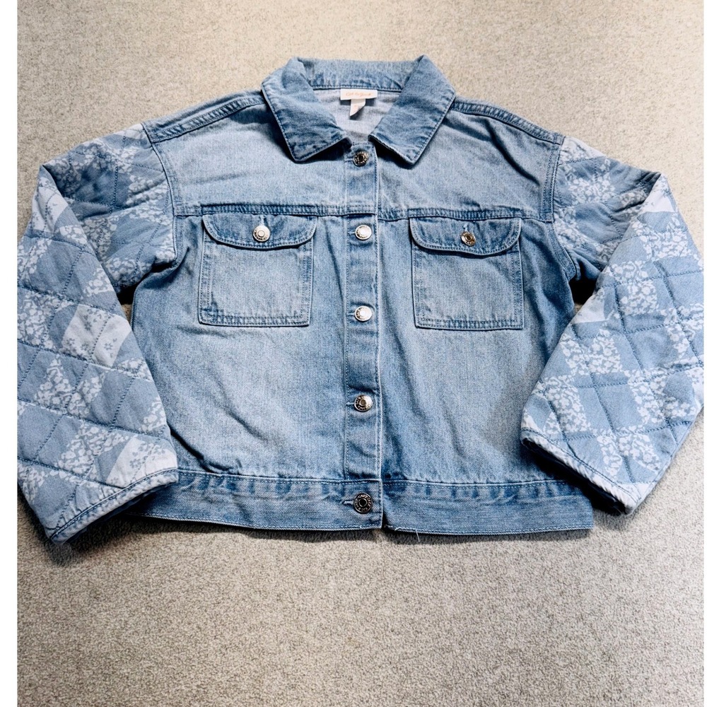 Cat & Jack Denim Jacket Girls XL 14 Light Wash Quilted Floral Sleeve Trucker